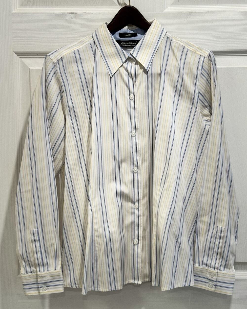 Eddie Bauer White Blue Striped Stretch Wrinkle Resistant Long-Sleeve Shirt Sz XL